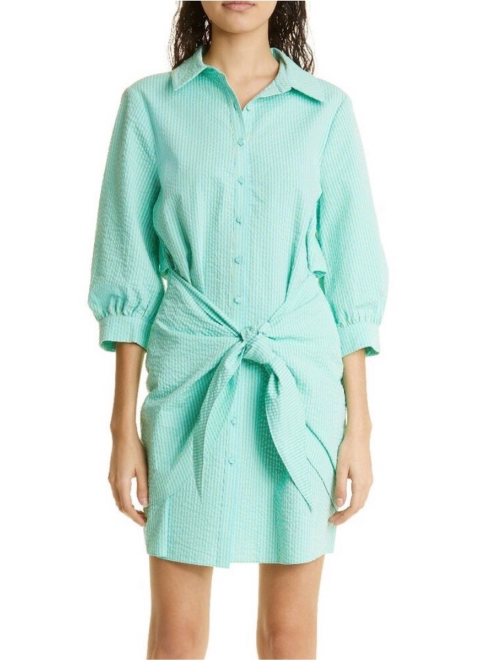 Cinq à Sept Seersucker Cotton Striped Gaby Women's Dress Cyan/Lima Bean